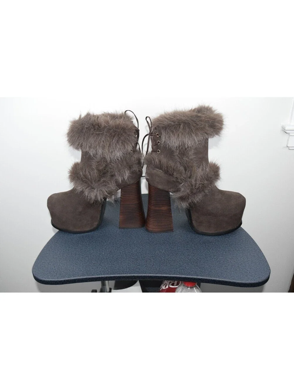 Dolls Kill Fur Trim Suede Platform Boots Brown Chunky Heel Mid-Calf, Size 10